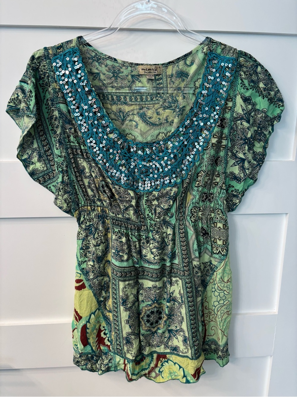 ONE WORLD Green Paisley Sequin-Neck Bohemian Blouse